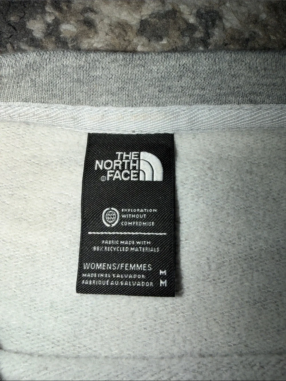 The North Face Gray Crewneck Sweatshirt with Teal Logo Graphic and Embroidery